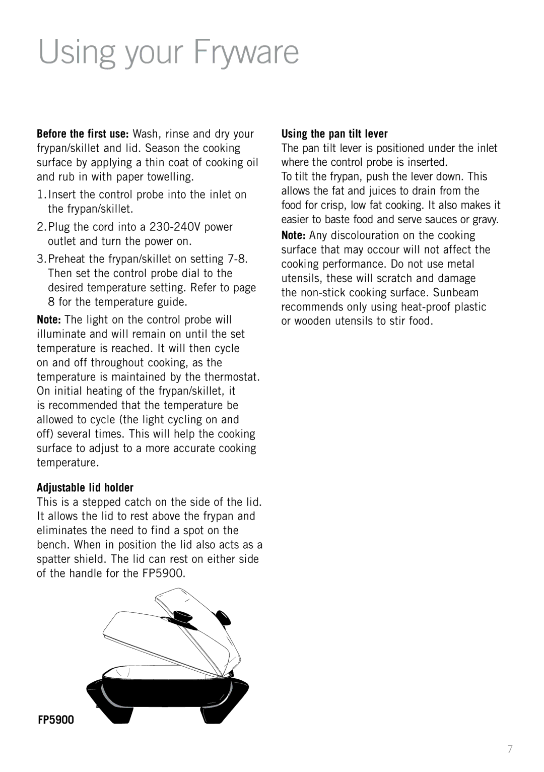 Sunbeam PU6300 manual Using your Fryware, Using the pan tilt lever, FP5900 