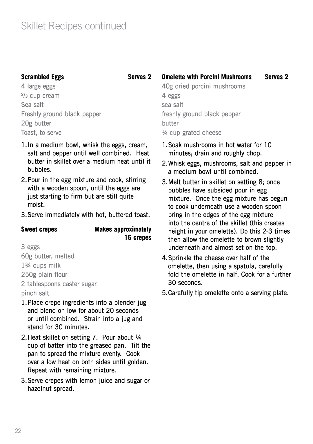 Sunbeam PU6300 manual Skillet Recipes continued, Scrambled Eggs, Sweet crepes 