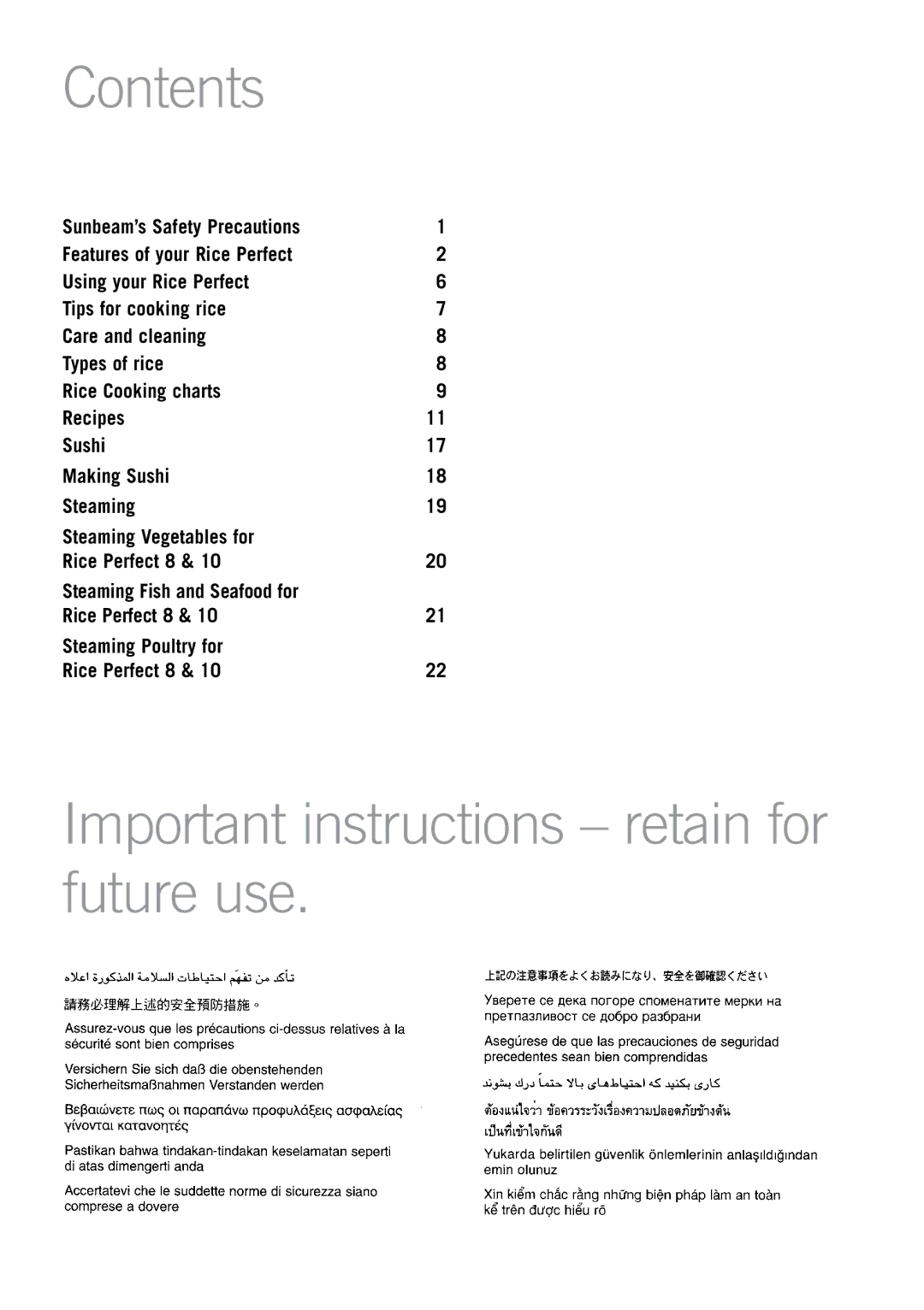 Sunbeam RC4750, RC2350, RC2650 manual Contents, Important instructions retain for future use 