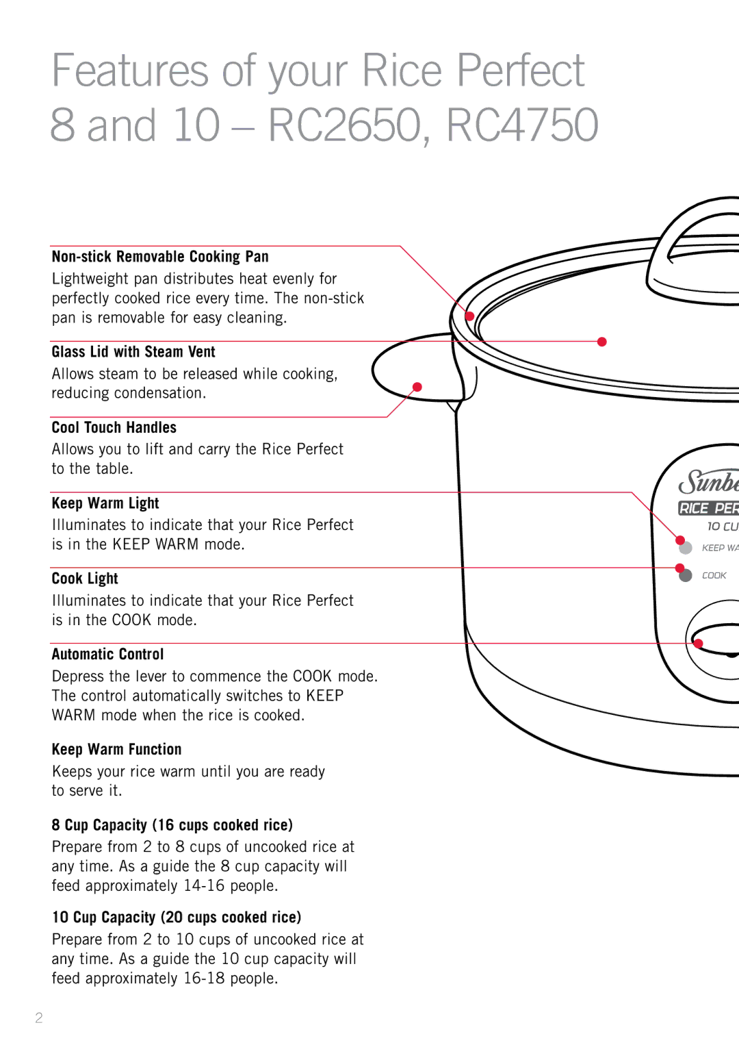 Sunbeam RC2650 Non-stick Removable Cooking Pan, Glass Lid with Steam Vent, Cool Touch Handles, Keep Warm Light, Cook Light 