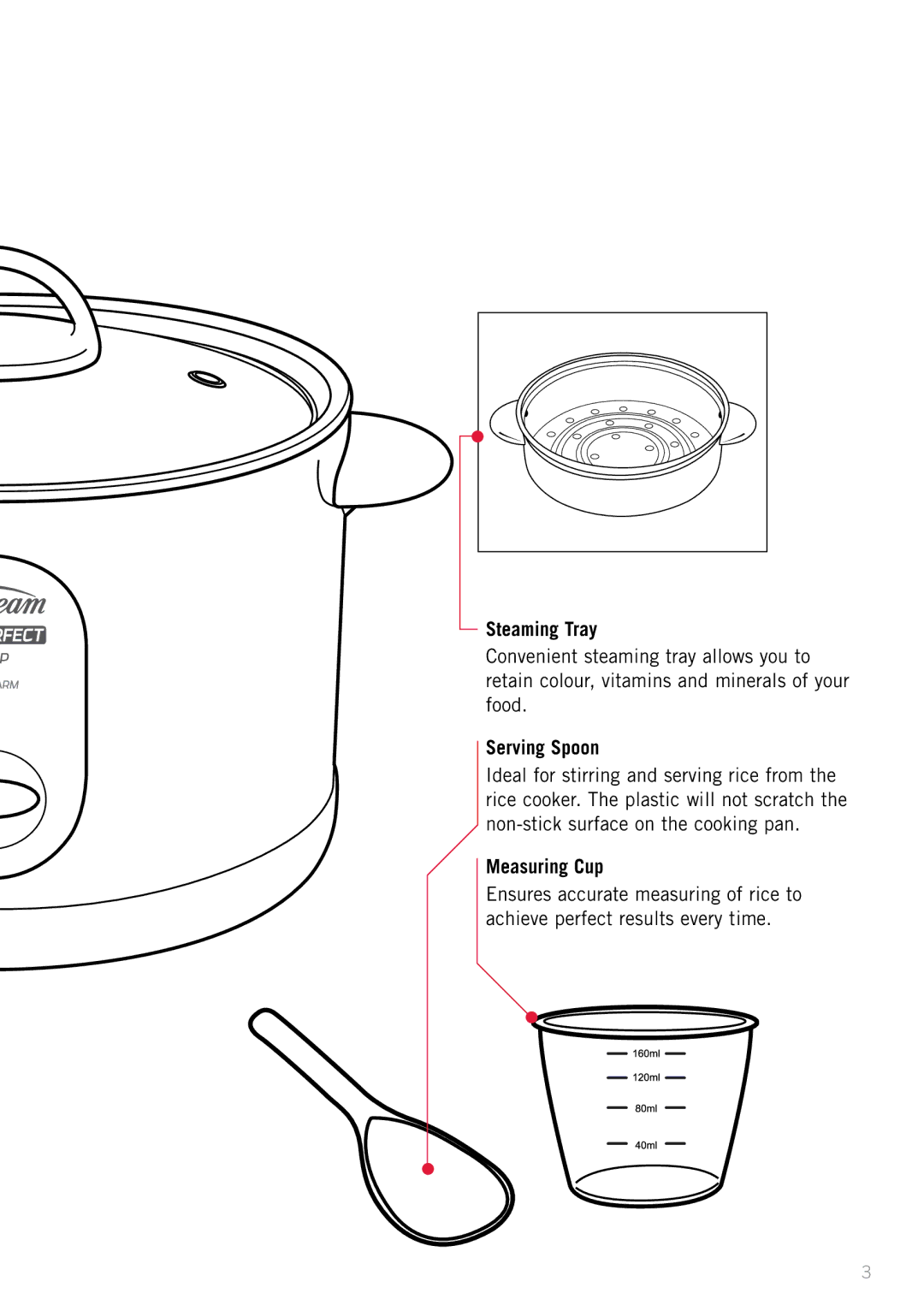 Sunbeam RC4750, RC2350, RC2650 manual Steaming Tray, Serving Spoon, Measuring Cup 