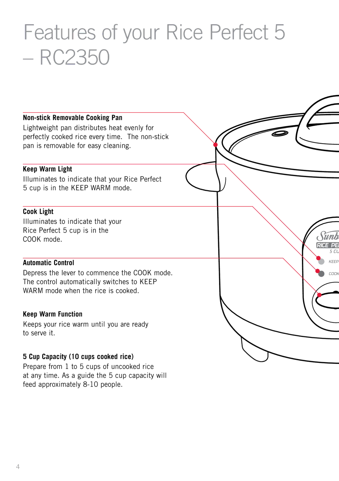 Sunbeam RC2650, RC4750 manual Features of your Rice Perfect RC2350, Cup Capacity 10 cups cooked rice 