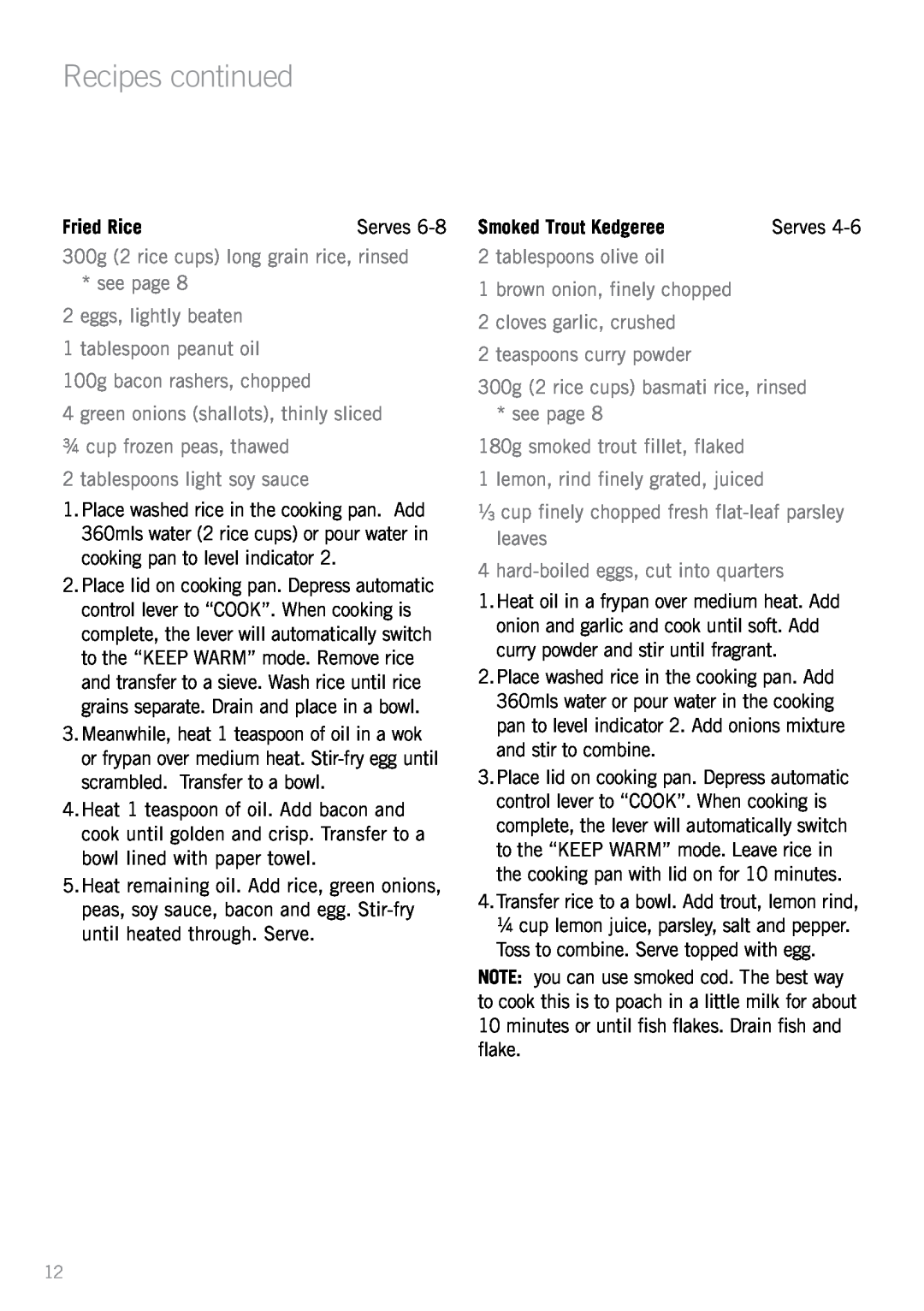 Sunbeam RC4750, RC2350, RC2650 manual Recipes continued, Fried Rice 