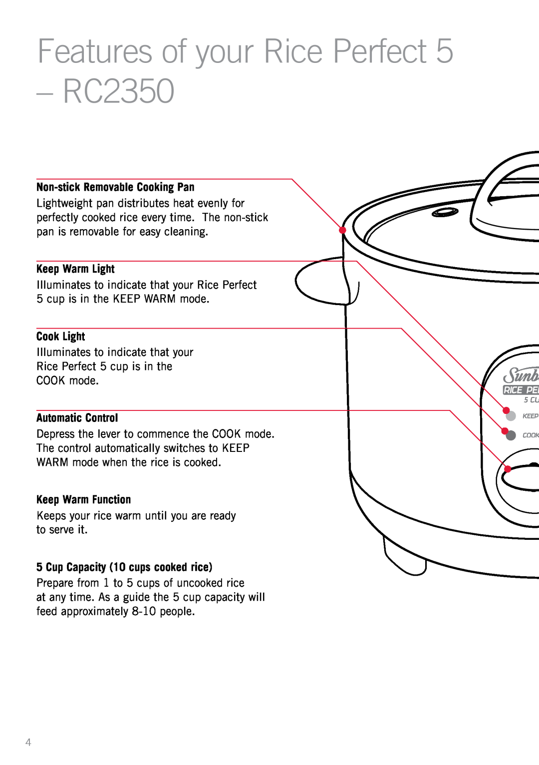 Sunbeam RC2650 Features of your Rice Perfect - RC2350, Non-stickRemovable Cooking Pan, Keep Warm Light, Cook Light 