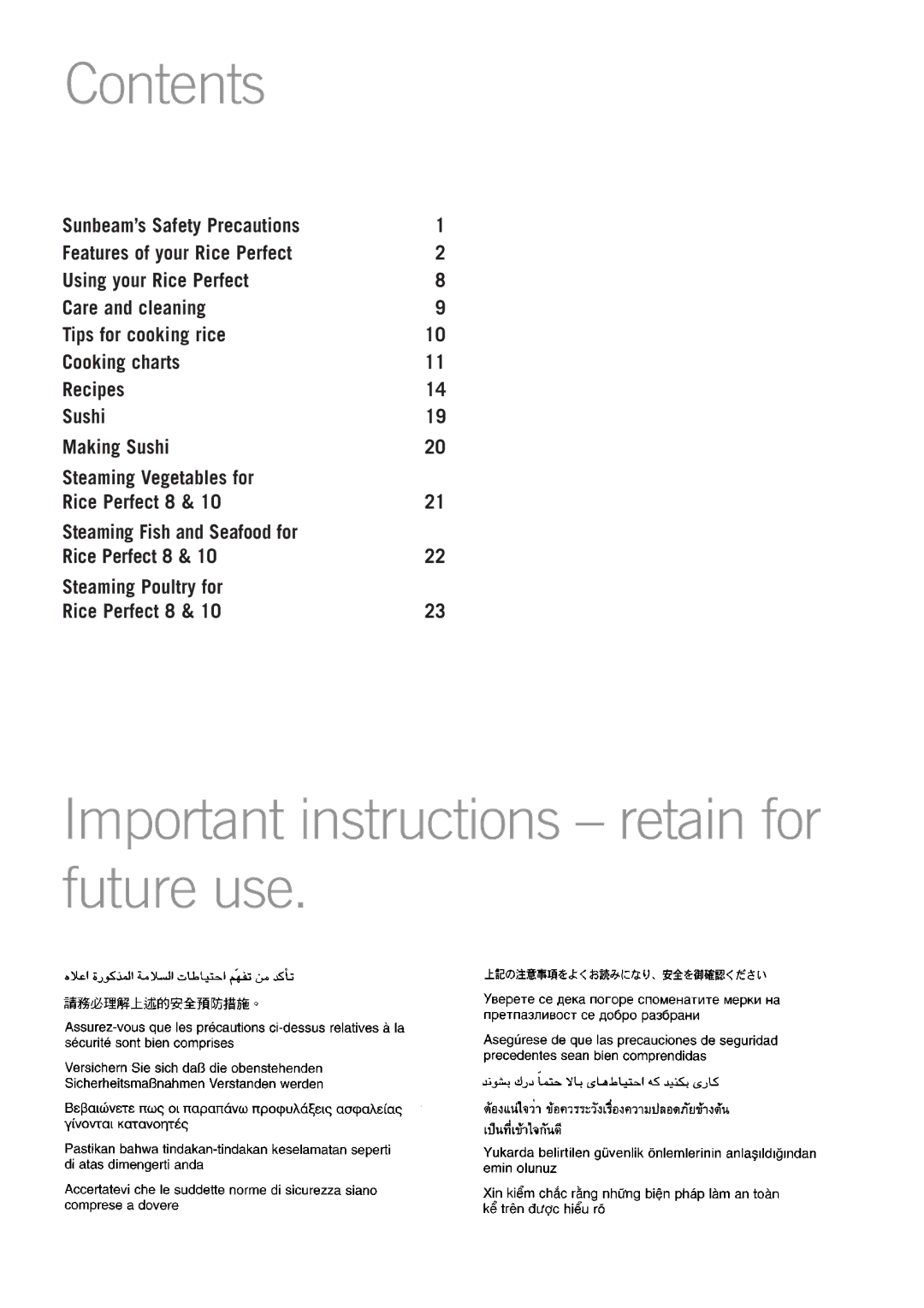 Sunbeam RC2300, RC2610, RC4700 manual Contents, Important instructions retain for future use 