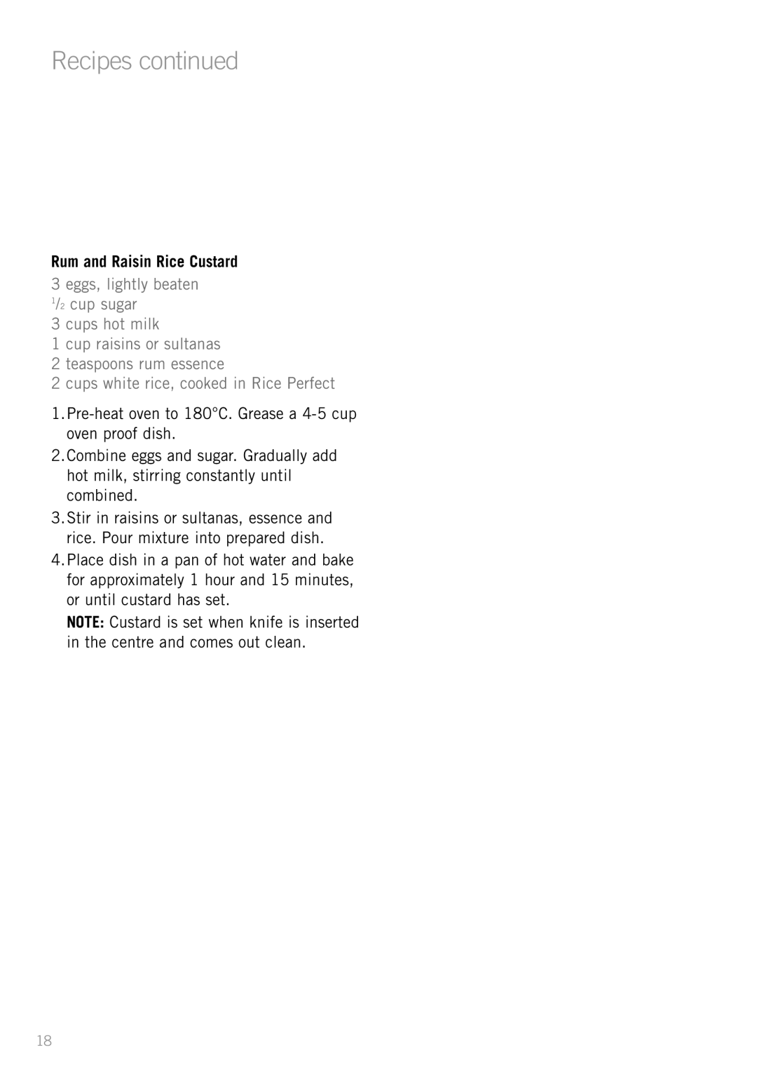 Sunbeam RC2300, RC2610, RC4700 manual Rum and Raisin Rice Custard 