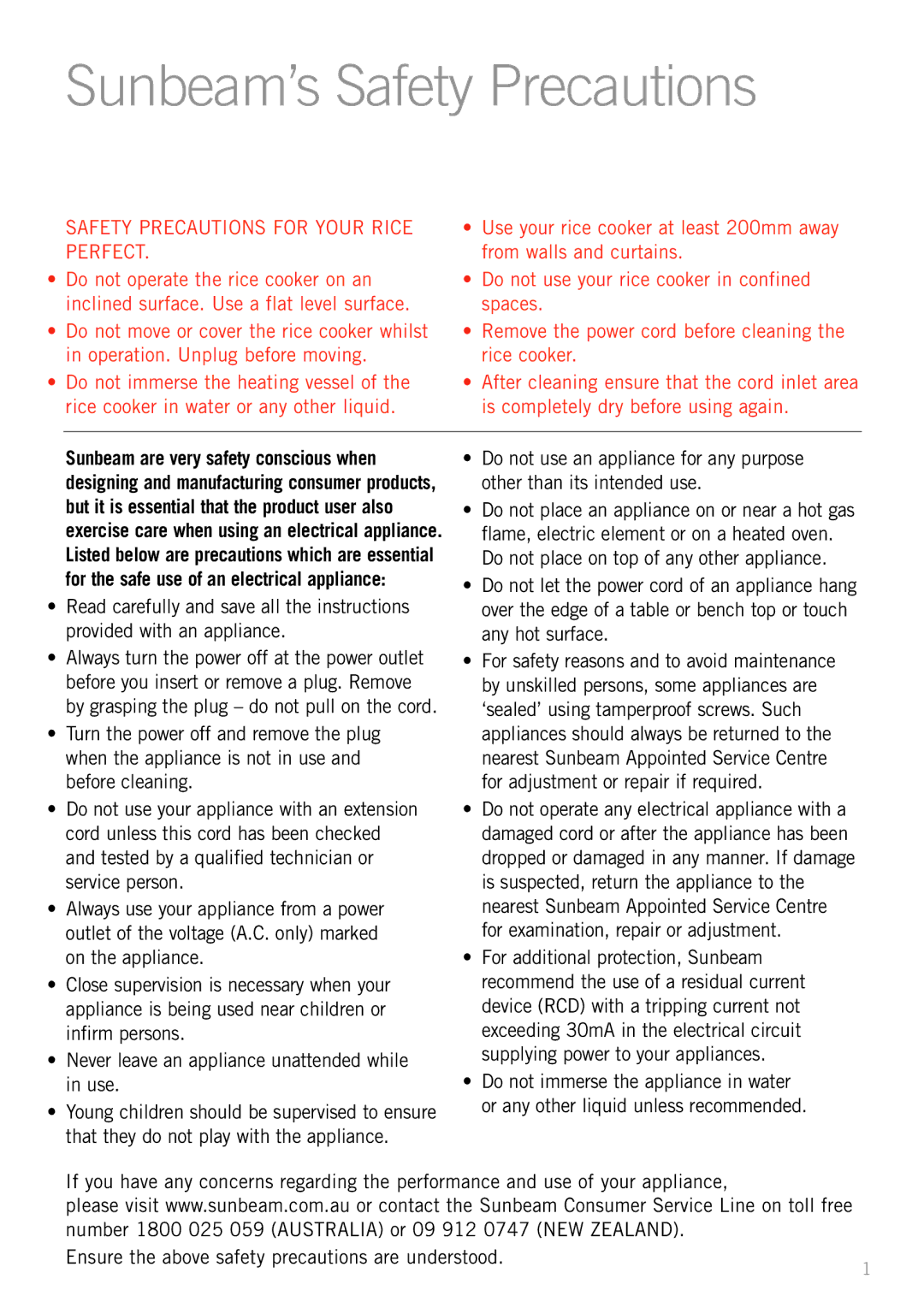 Sunbeam RC2610, RC4700, RC2300 manual Sunbeam’s Safety Precautions, Safety Precautions for Your Rice Perfect 