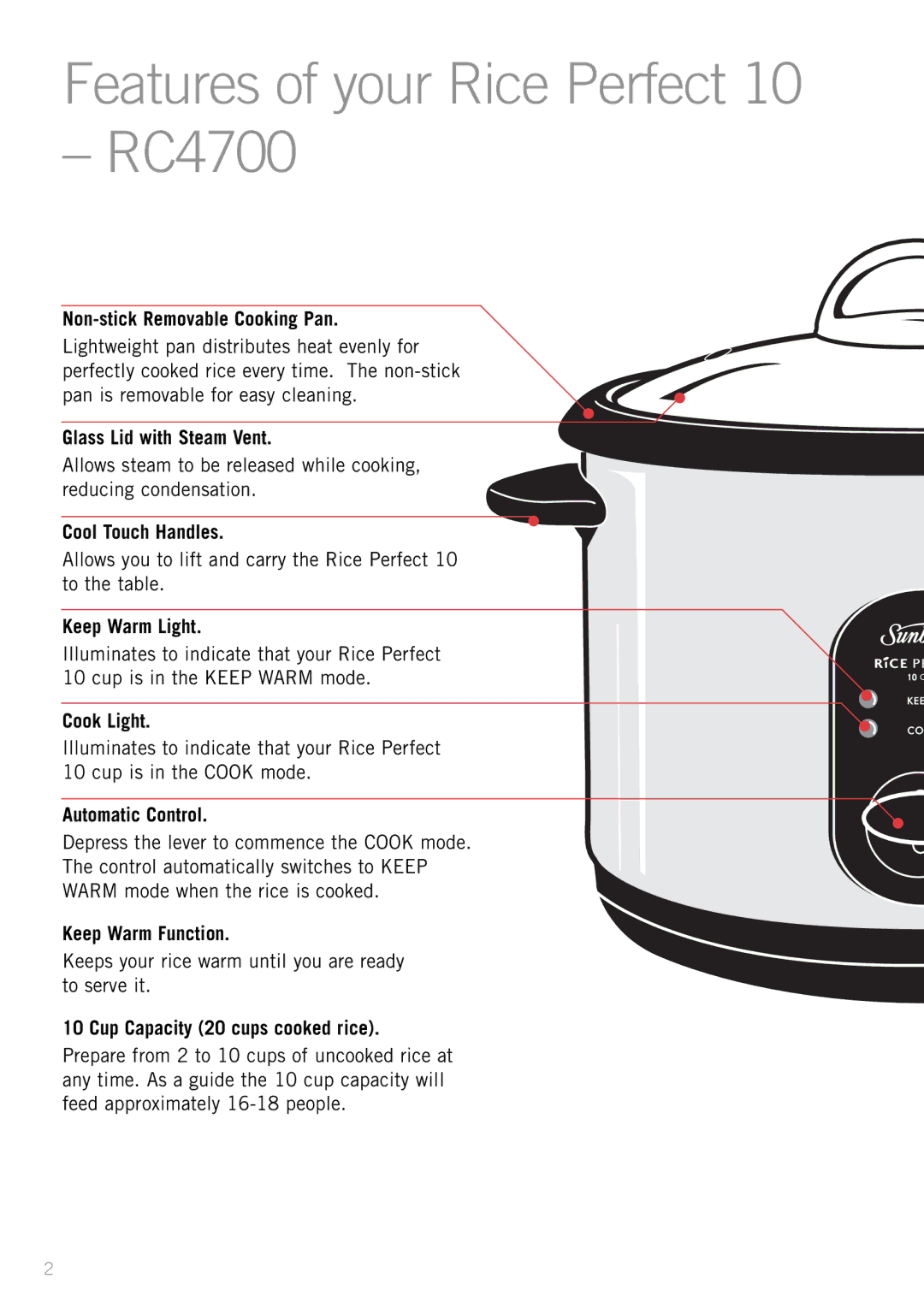 Sunbeam RC2610, RC2300 manual Features of your Rice Perfect RC4700 