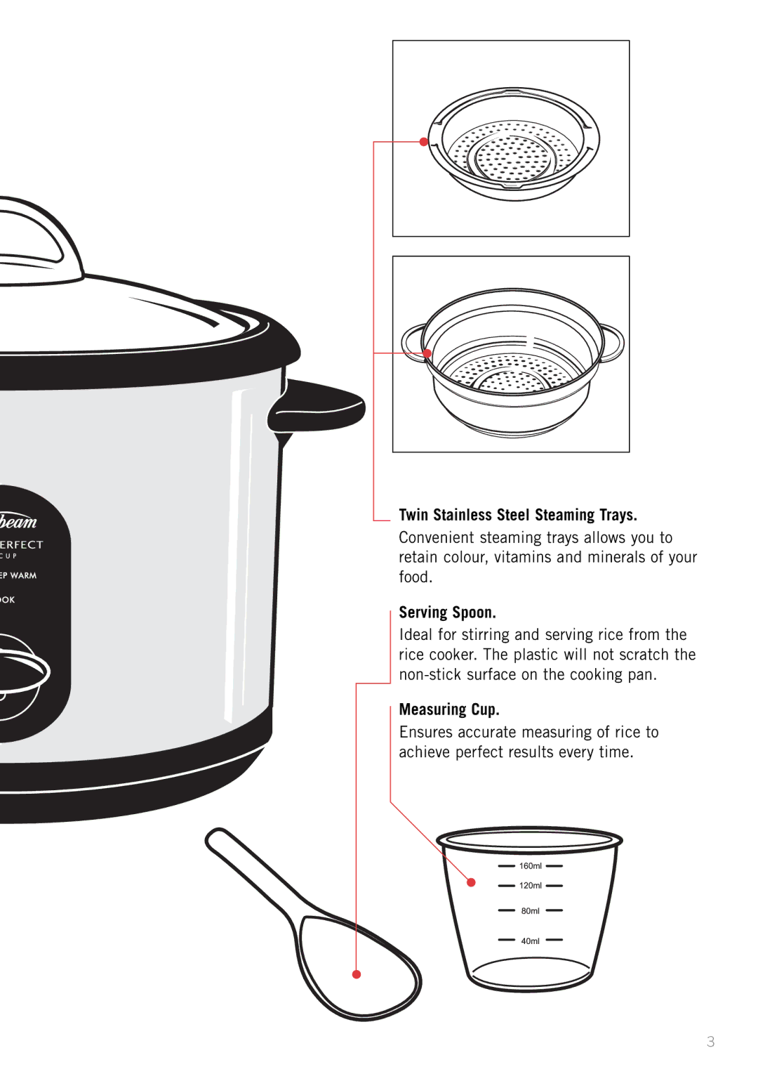 Sunbeam RC2300, RC2610, RC4700 manual Twin Stainless Steel Steaming Trays, Serving Spoon, Measuring Cup 