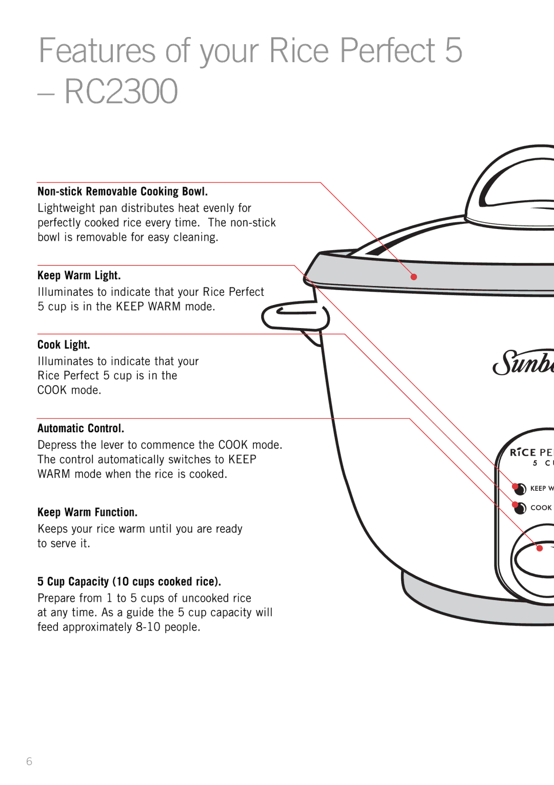 Sunbeam manual Features of your Rice Perfect RC2300, Non-stick Removable Cooking Bowl, Cup Capacity 10 cups cooked rice 