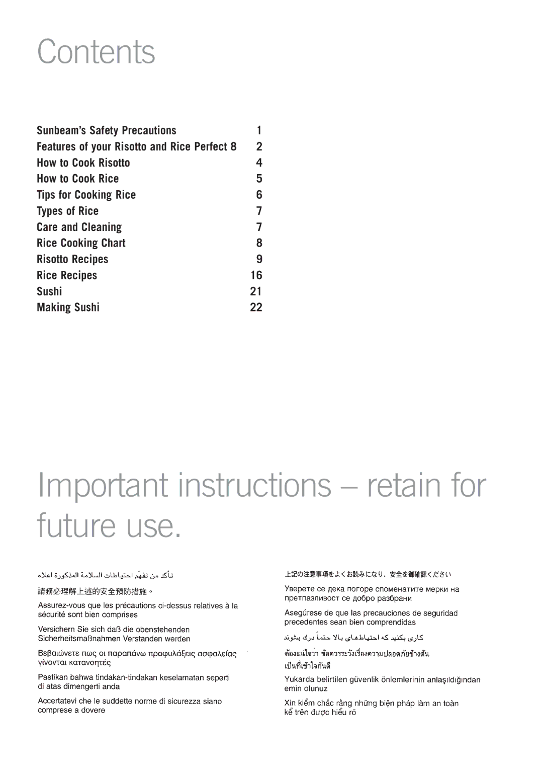 Sunbeam RC4900 manual Contents, Important instructions retain for future use 