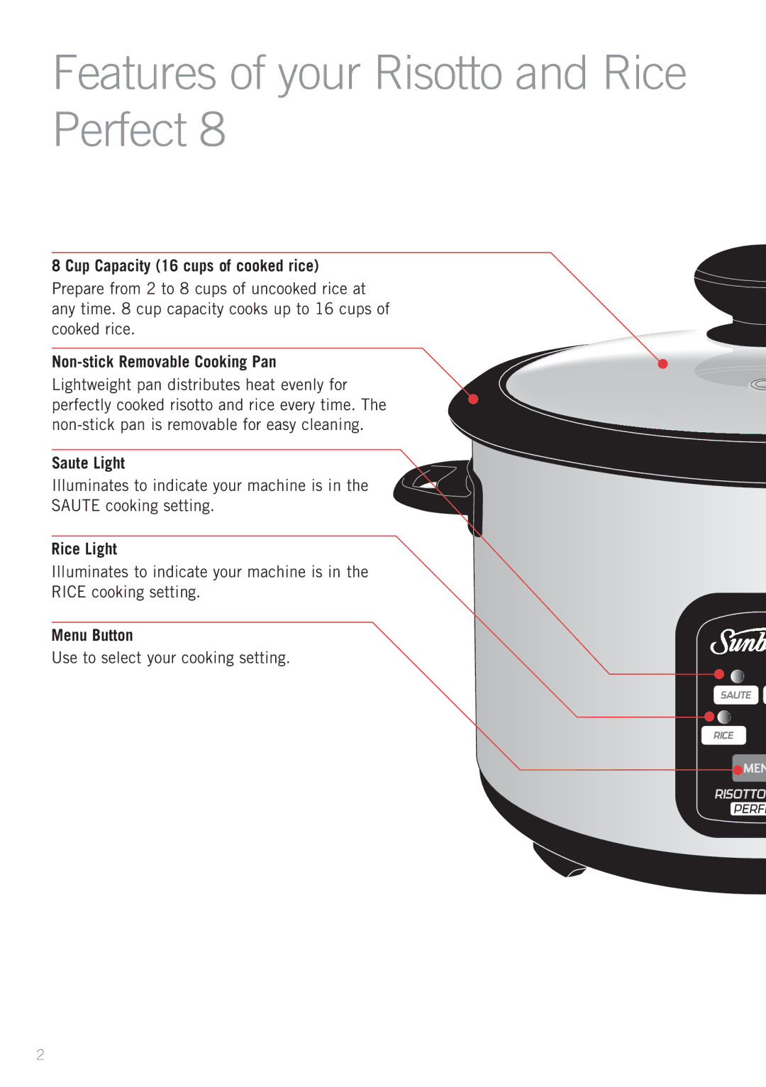 Sunbeam RC4900 manual Features of your Risotto and Rice Perfect 