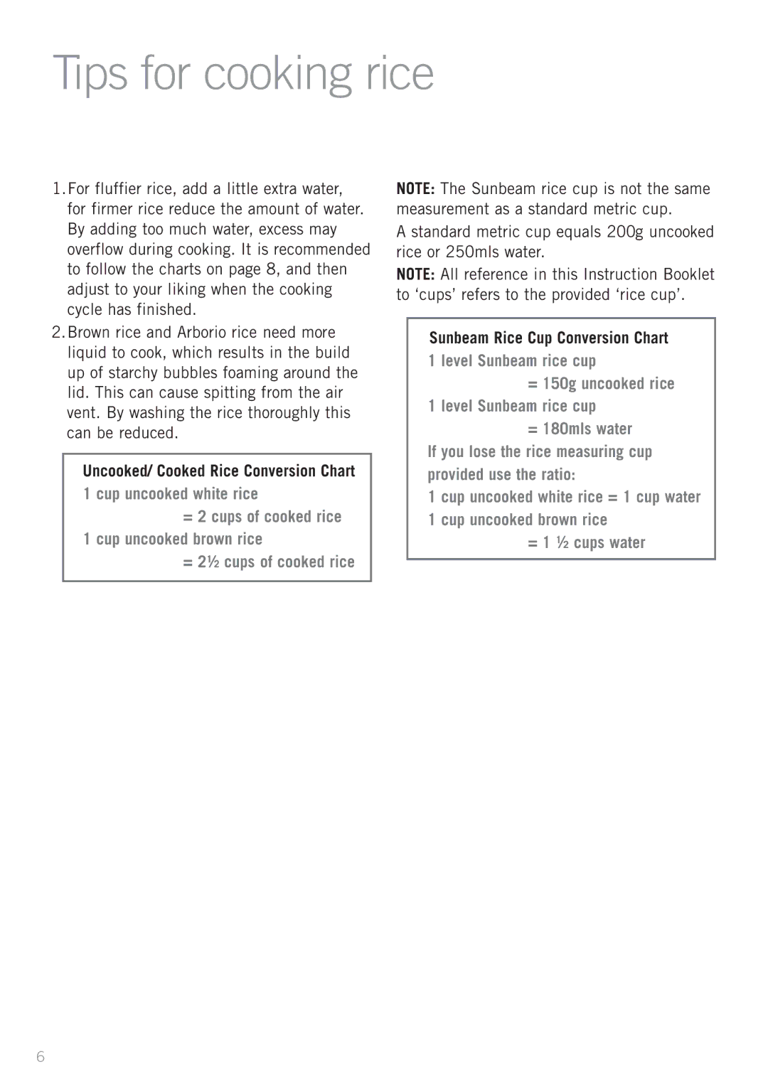 Sunbeam RC4900 manual Tips for cooking rice, Sunbeam Rice Cup Conversion Chart 1 level Sunbeam rice cup 