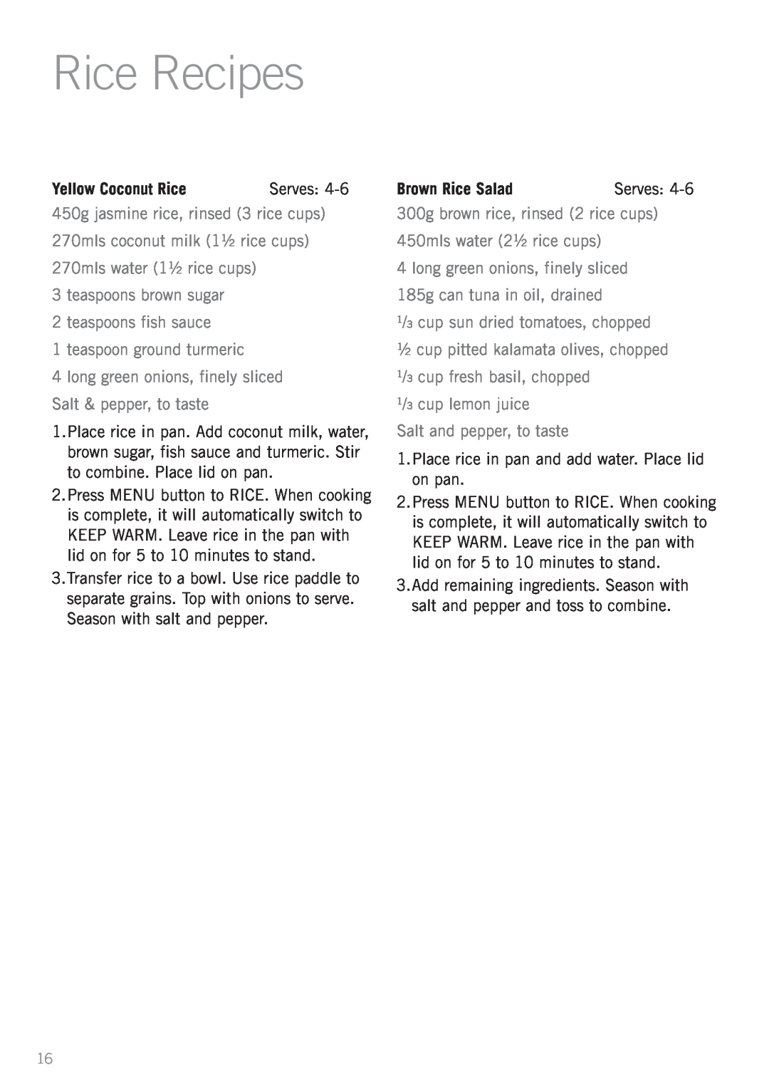 Sunbeam RC4900 manual Rice Recipes, Yellow Coconut Rice, Brown Rice Salad 