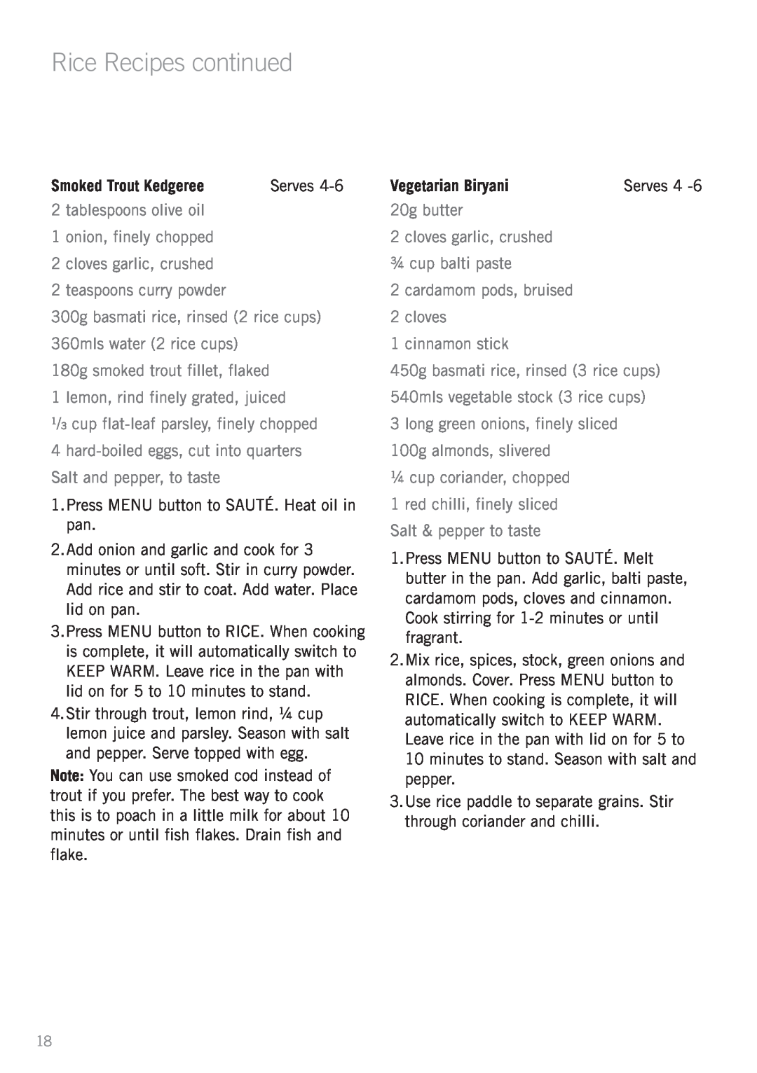 Sunbeam RC4900 manual Smoked Trout Kedgeree, Vegetarian Biryani, Rice Recipes continued 