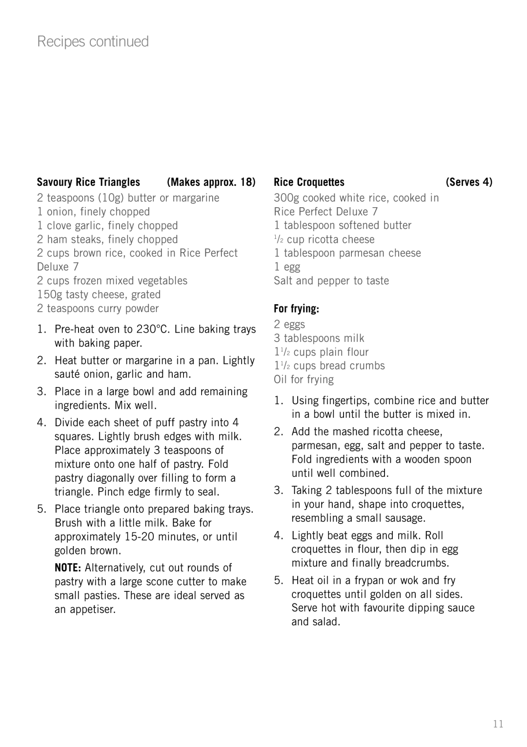 Sunbeam RC5600 manual Savoury Rice Triangles, Rice Croquettes, For frying 