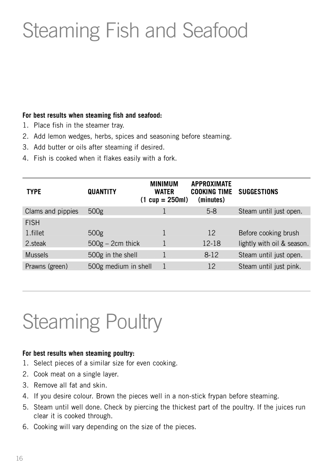 Sunbeam RC5600 manual Steaming Fish and Seafood, Steaming Poultry, For best results when steaming fish and seafood 