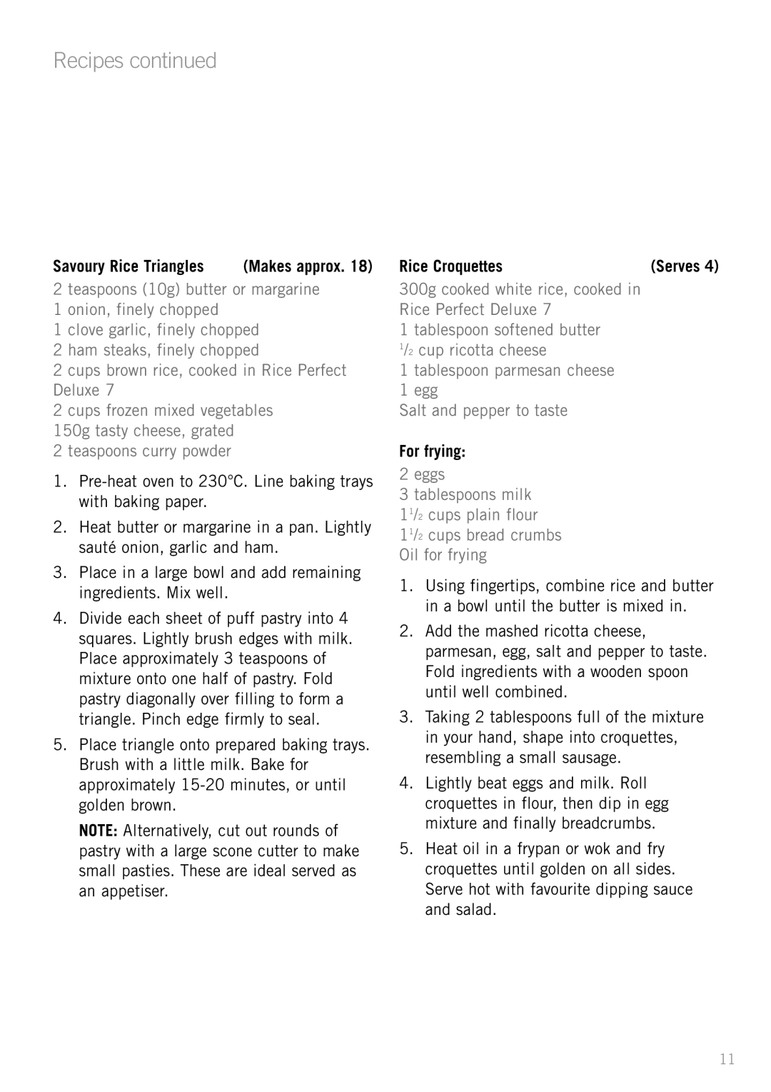 Sunbeam RC5600 manual Savoury Rice Triangles, Rice Croquettes, For frying 