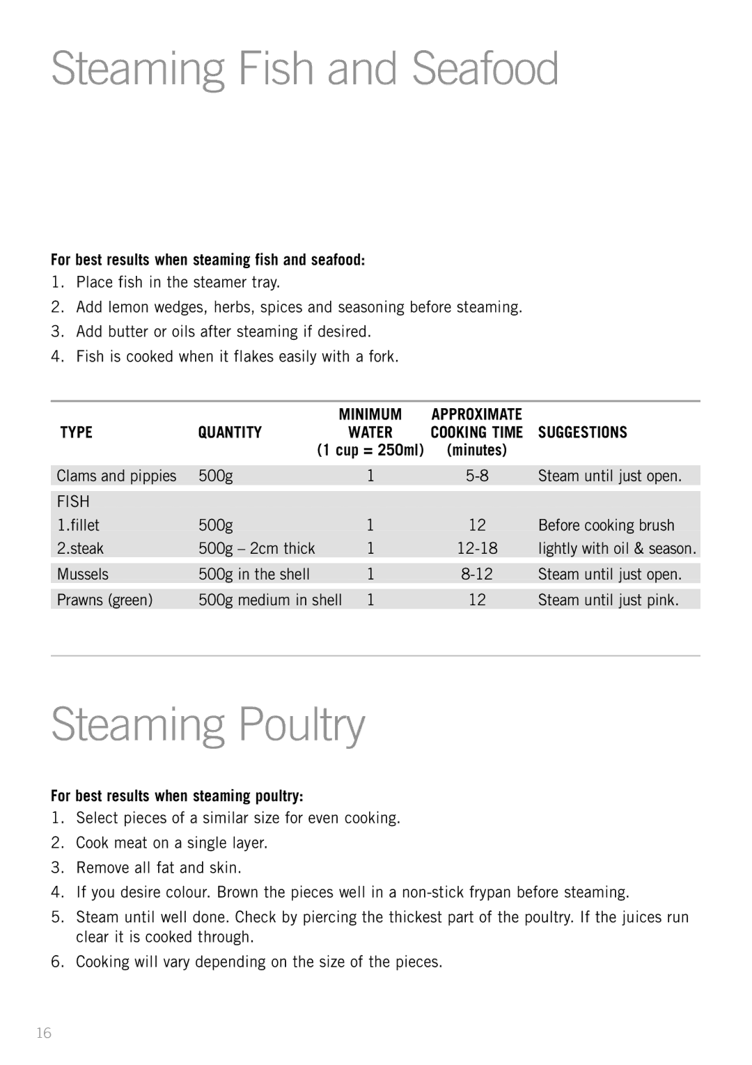 Sunbeam RC5600 manual Steaming Fish and Seafood, Steaming Poultry, For best results when steaming fish and seafood 