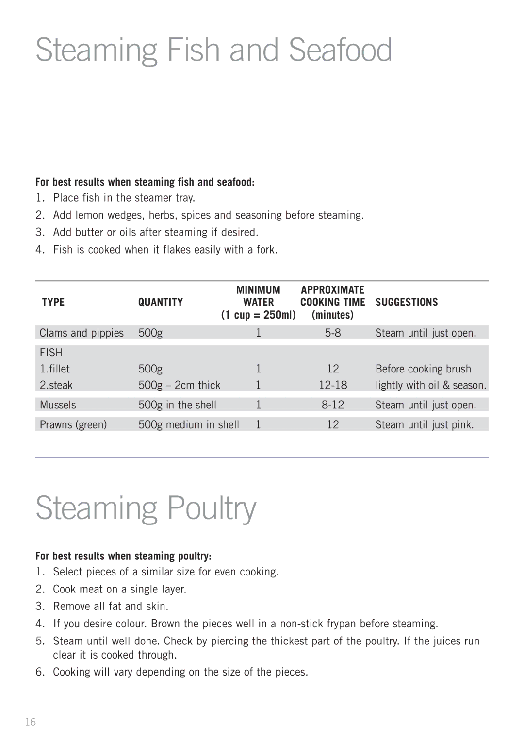 Sunbeam RC5810 manual Steaming Fish and Seafood, Steaming Poultry, For best results when steaming fish and seafood 