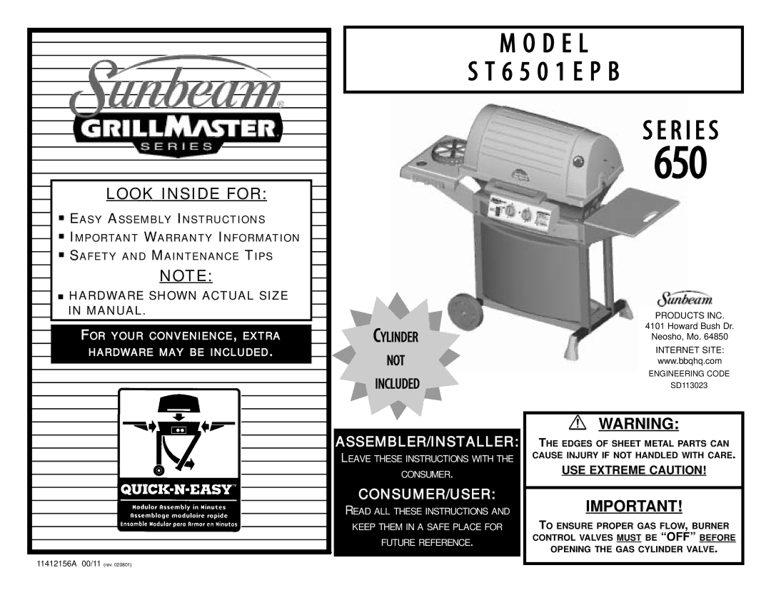 Sunbeam S T 6 5 0 1 E P B warranty Hardware Shown Actual Size in Manual, USE Extreme Caution 