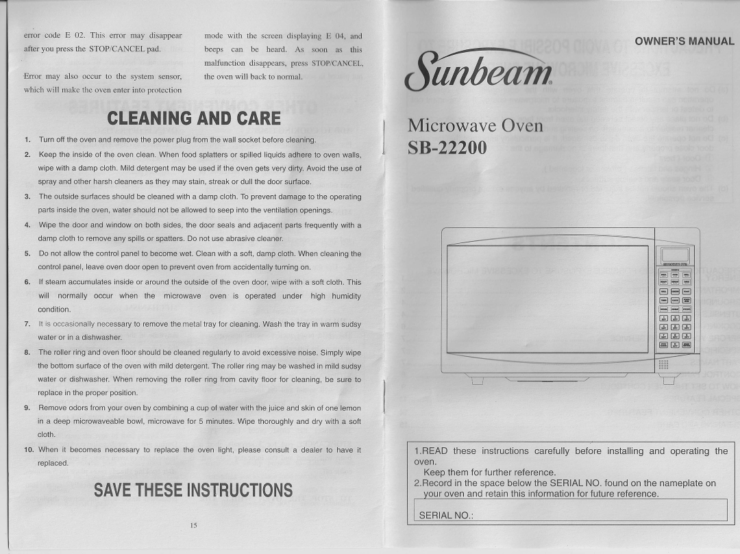 Sunbeam owner manual Save These Instructions, Cleaning And Care, Microwave Oven SB-22200, BEJEl ElEl~ 