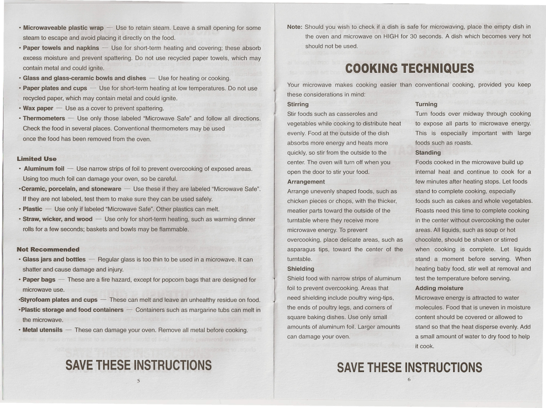 Sunbeam SB-22200 owner manual Cooking Techniques, Limited Use, Not Recommended, Save These Instructions 