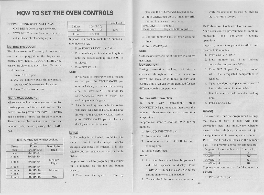 Sunbeam SB-22200 owner manual How To Set The Oven Controls 