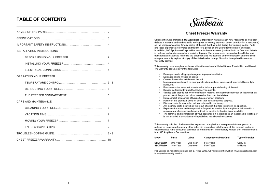 Sunbeam SBCF7WBX, SBCF5WBX instruction manual Table of Contents 