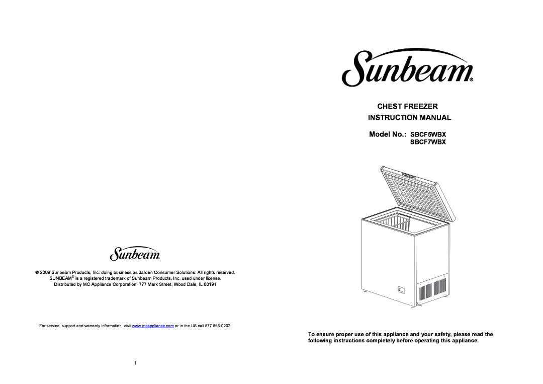 Sunbeam instruction manual Model No. SBCF5WBX, SBCF7WBX 