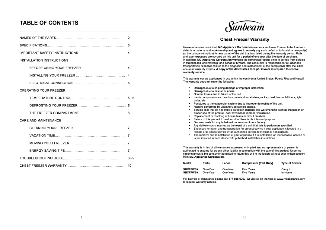 Sunbeam SBCF7WBX, SBCF5WBX instruction manual Table Of Contents, Chest Freezer Warranty 