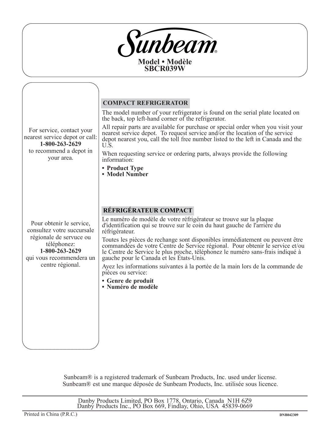 Sunbeam SBCR039W Compact Refrigerator, Product Type Model Number, Genre de produit Numéro de modèle 