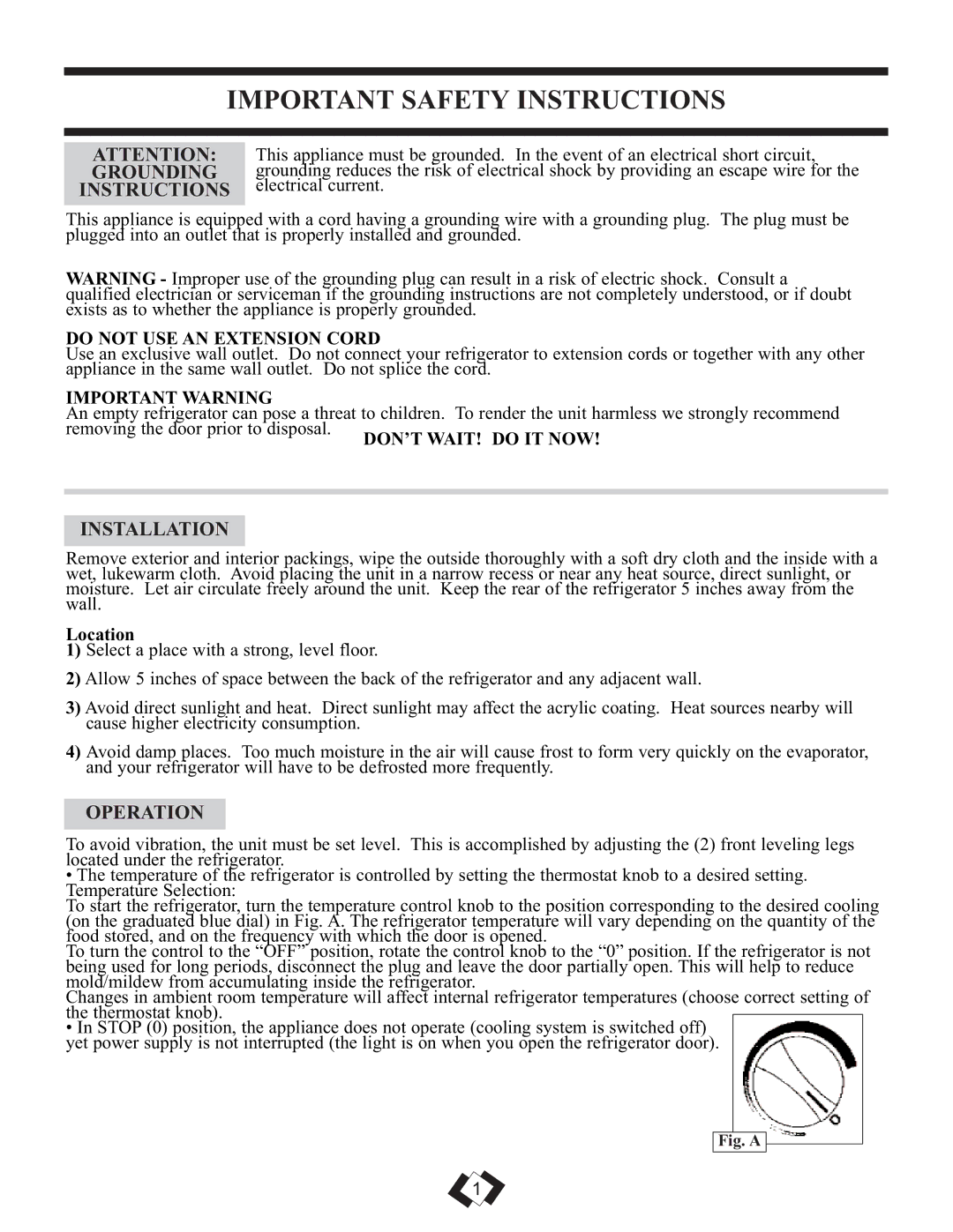 Sunbeam SBCR039W important safety instructions Important Safety Instructions, Grounding, Installation, Operation 