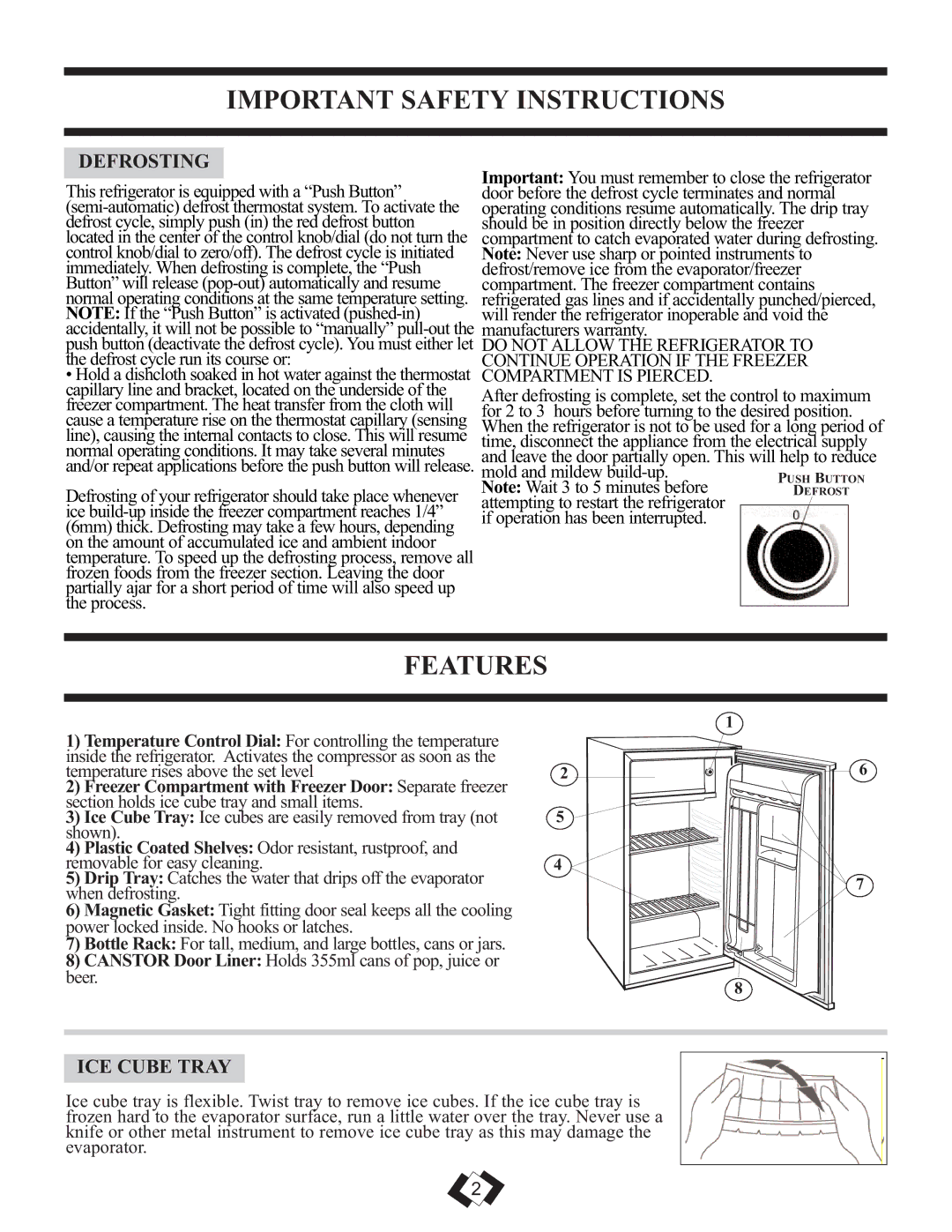 Sunbeam SBCR039W important safety instructions Features, Defrosting, ICE Cube Tray 