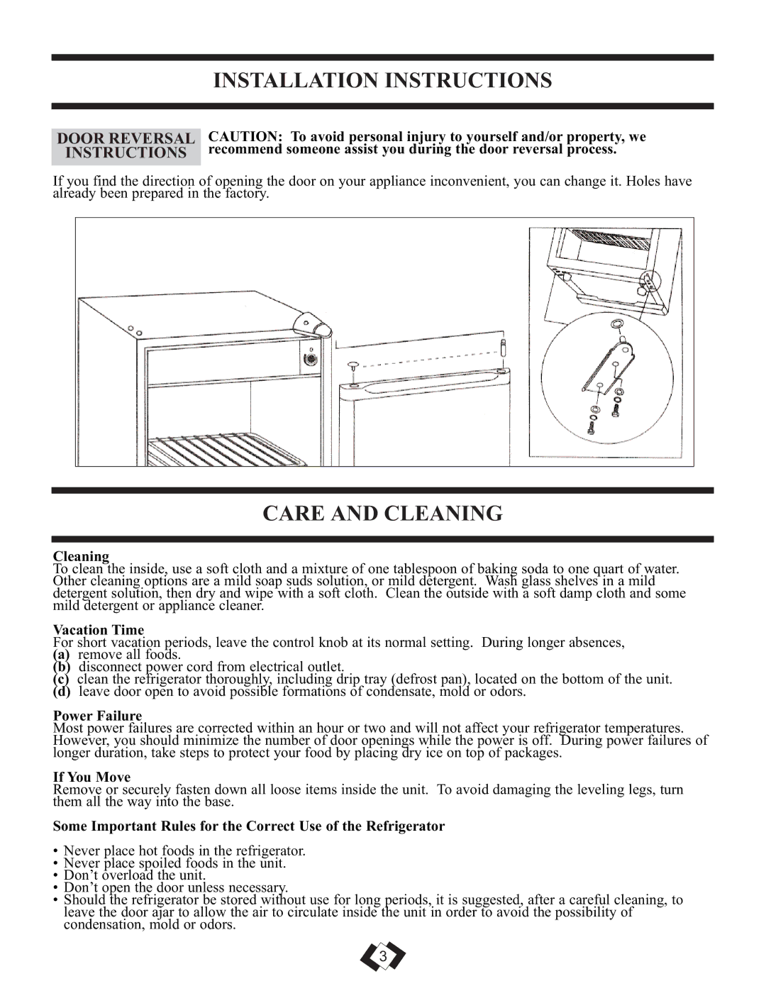 Sunbeam SBCR039W important safety instructions Installation Instructions, Care and Cleaning, Door Reversal 