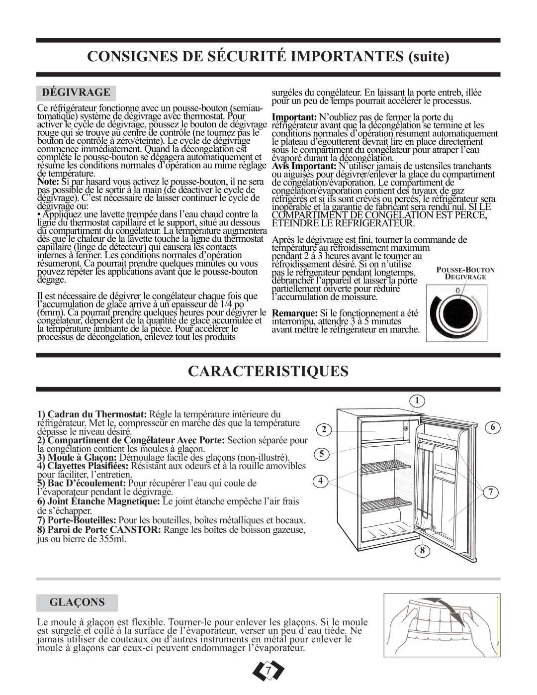 Sunbeam SBCR039W important safety instructions Caracteristiques, Dégivrage, Glaçons 