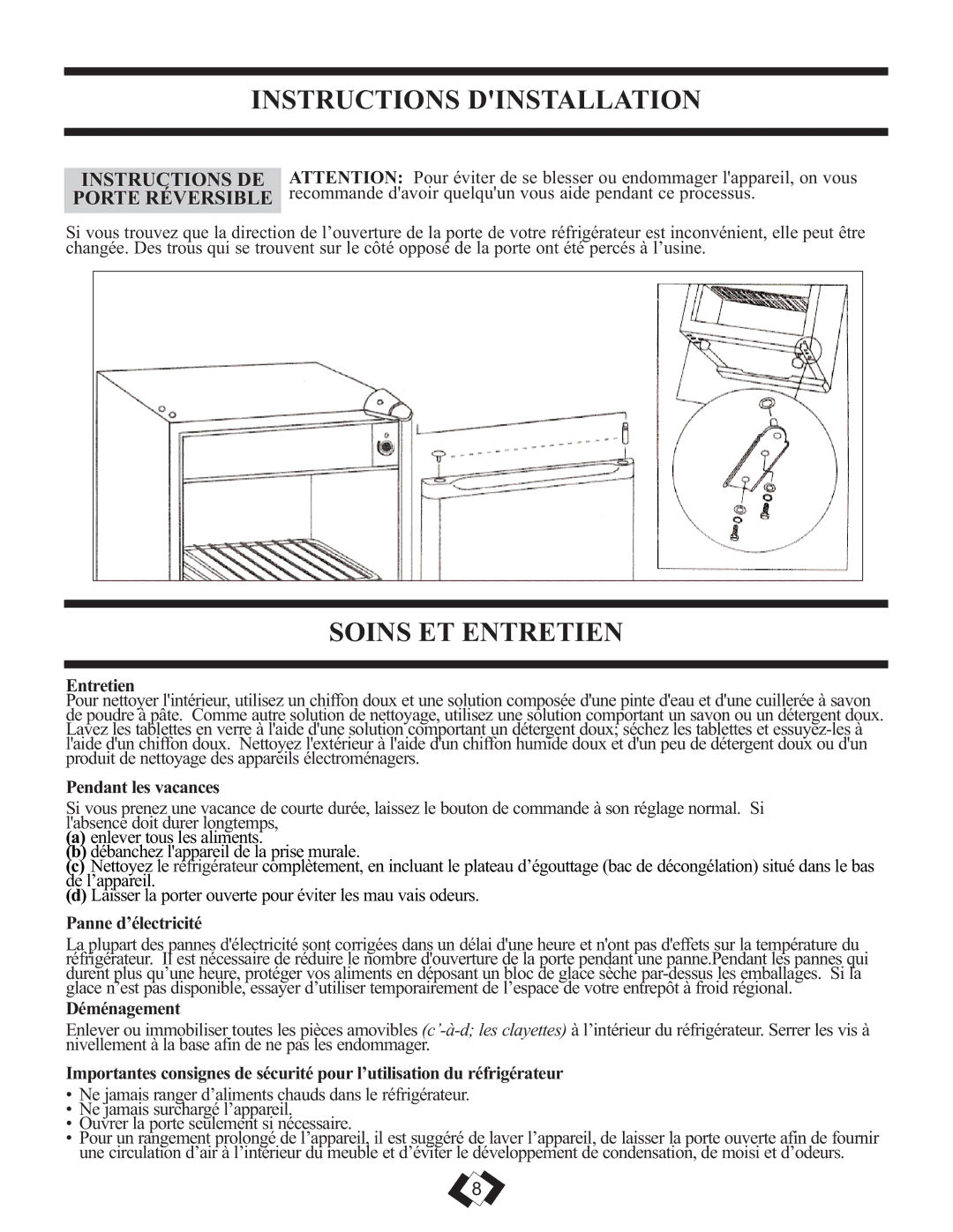 Sunbeam SBCR039W Instructions Dinstallation, Soins ET Entretien, Instructions DE Porte Réversible 