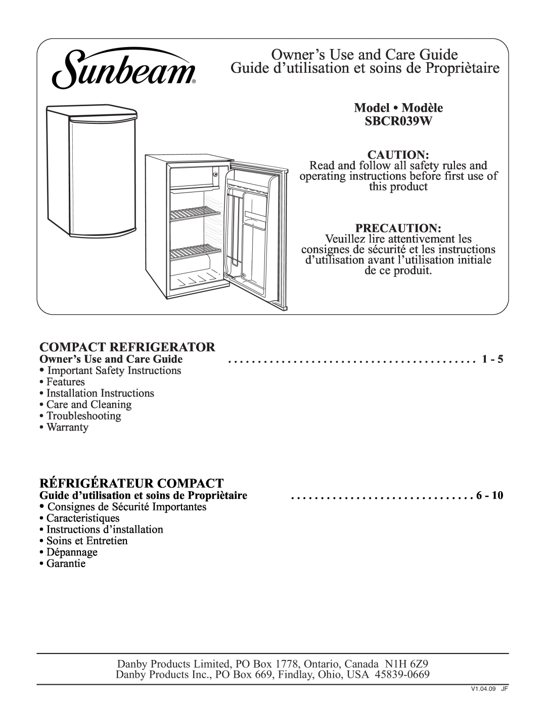 Sunbeam important safety instructions Model Modèle SBCR039W, Compact Refrigerator, Owner’s Use and Care Guide 