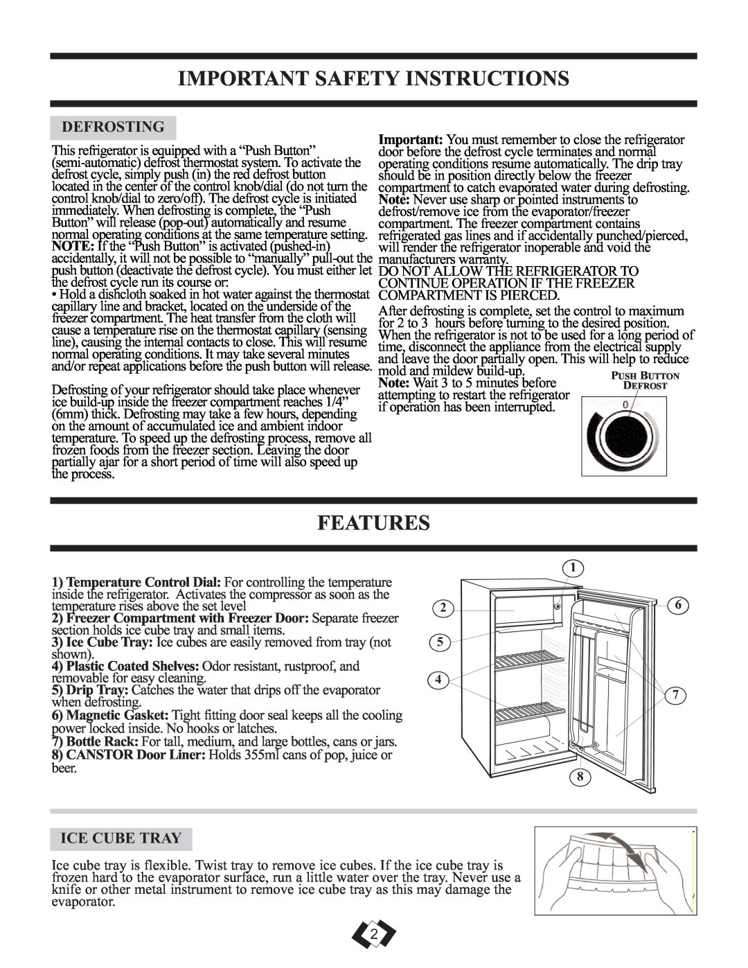 Sunbeam SBCR039W important safety instructions Features, Important Safety Instructions, Defrosting, Ice Cube Tray 