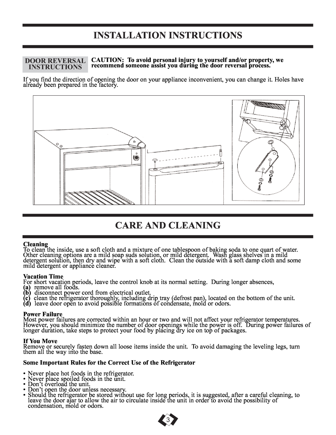 Sunbeam SBCR039W Installation Instructions, Care And Cleaning, Door Reversal, Vacation Time, Power Failure, If You Move 