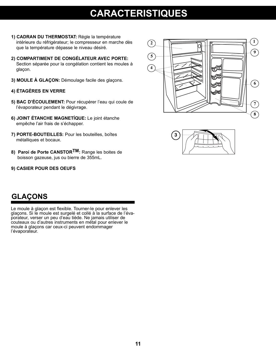 Sunbeam SBCR122BSL manual Caracteristiques, Glaçons, Étagères EN Verre, Casier Pour DES Oeufs 