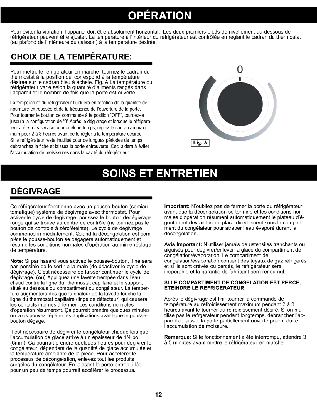 Sunbeam SBCR122BSL manual Opération, Soins ET Entretien, Choix DE LA Température, Dégivrage 