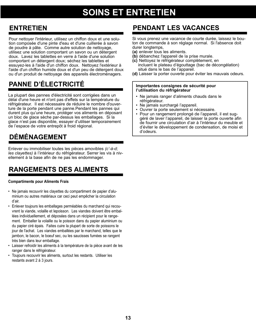 Sunbeam SBCR122BSL manual Entretien Pendant LES Vacances, Panne D’ÉLECTRICITÉ, Déménagement, Rangements DES Aliments 