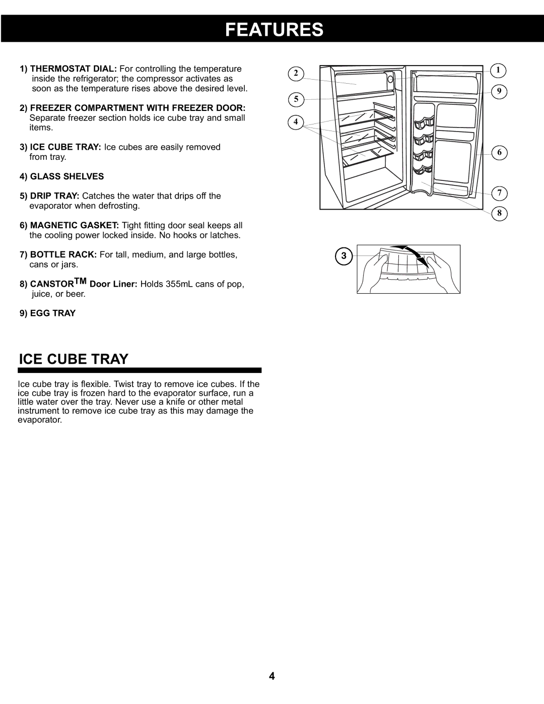 Sunbeam SBCR122BSL manual Features, ICE Cube Tray, Glass Shelves, EGG Tray 