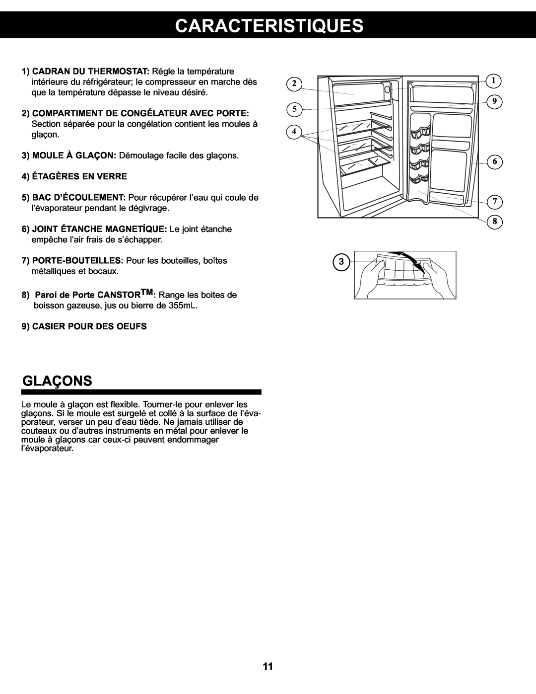 Sunbeam SBCR122BSL manual Caracteristiques, Glaçons, 4ÉTAGÈRES EN VERRE, 9CASIER POUR DES OEUFS 