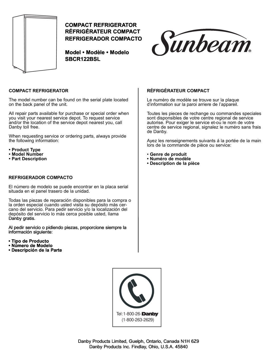 Sunbeam Model Modèle Modelo SBCR122BSL, Product Type Model Number Part Description, Tipo de Producto Número de Modelo 