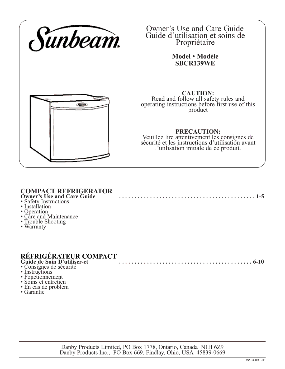 Sunbeam SBCR139WE warranty 