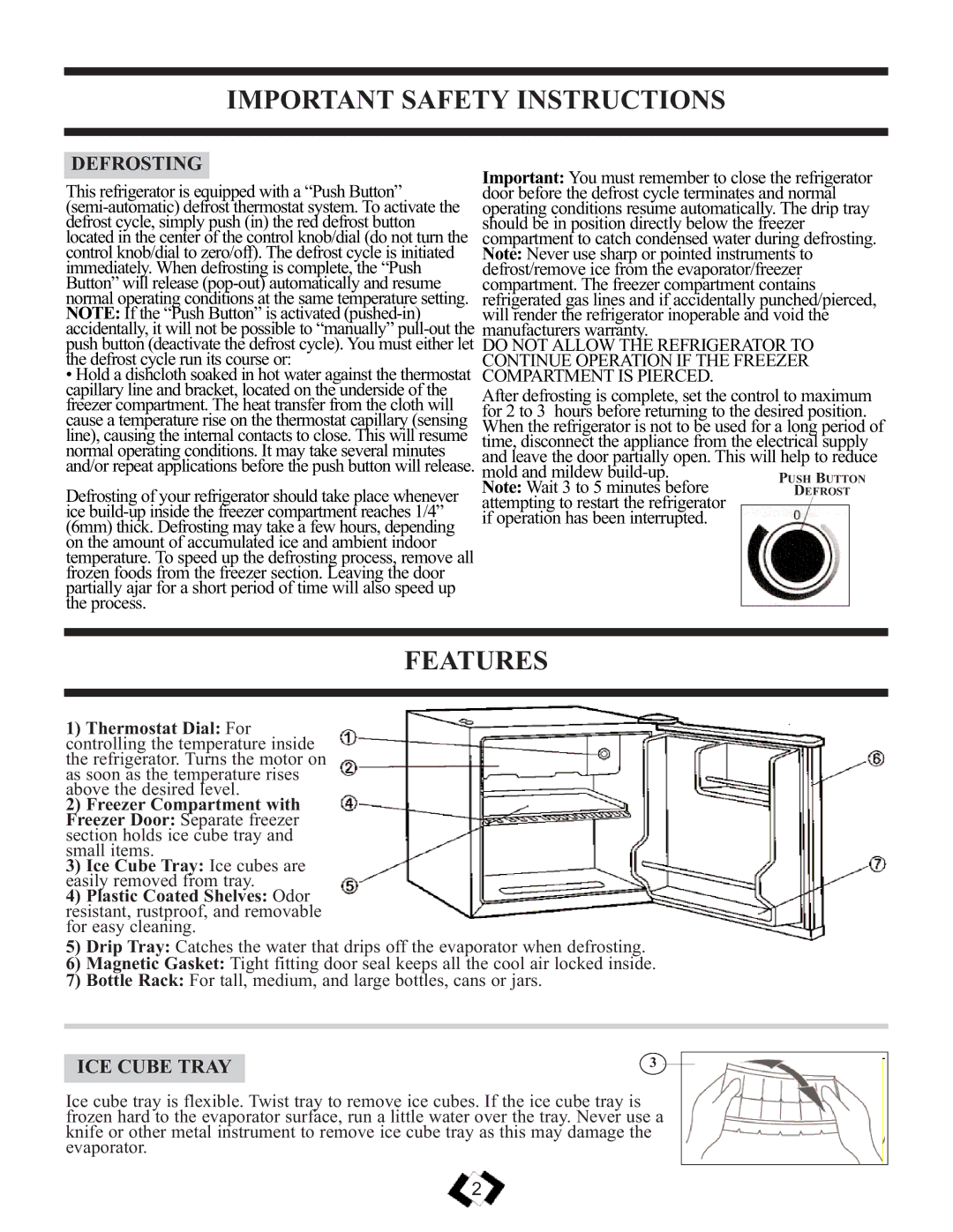 Sunbeam SBCR139WE warranty Features, Defrosting, ICE Cube Tray 