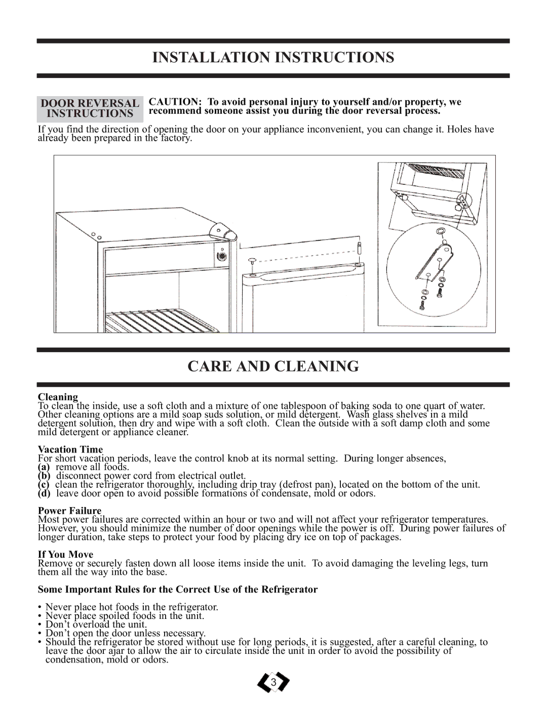 Sunbeam SBCR139WE warranty Installation Instructions, Care and Cleaning, Door Reversal Instructions 