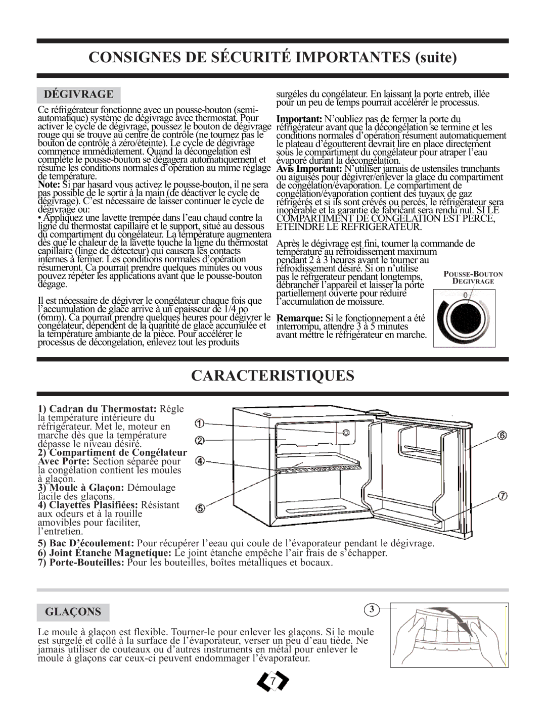 Sunbeam SBCR139WE warranty Caracteristiques, Dégivrage, Glaçons 